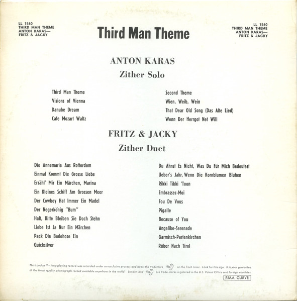 Anton Karas and Fritz & Jacky - 3rd Man Theme | London Records (LL 1560) - 2 Anton Karas and Fritz & Jacky - 3rd Man Theme | London Records (LL 1560) - 2