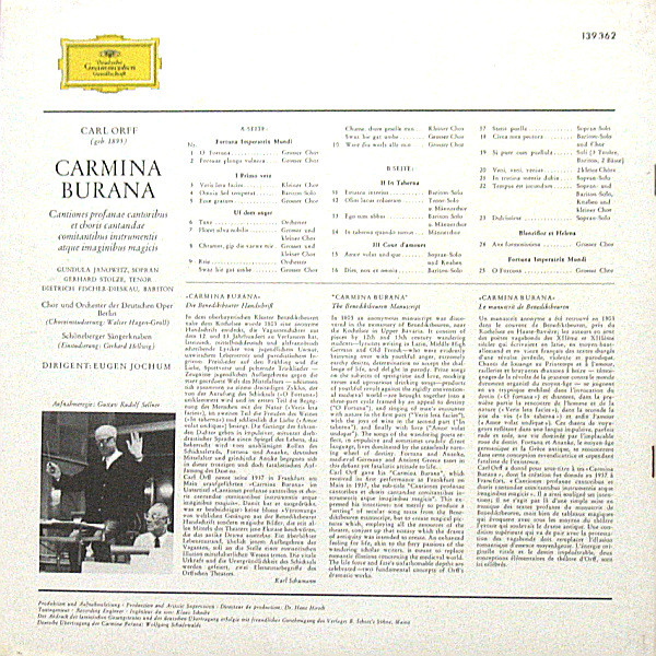 Carl Orff • Gundula Janowitz ∙ Gerhard Stolze ∙ Dietrich Fischer-Dieskau , Chor der Deutschen Oper Berlin Und Orchester Der Deutschen Oper Berlin , Dirigent: Eugen Jochum - Carmina Burana | Deutsche Grammophon (139 362) - 2