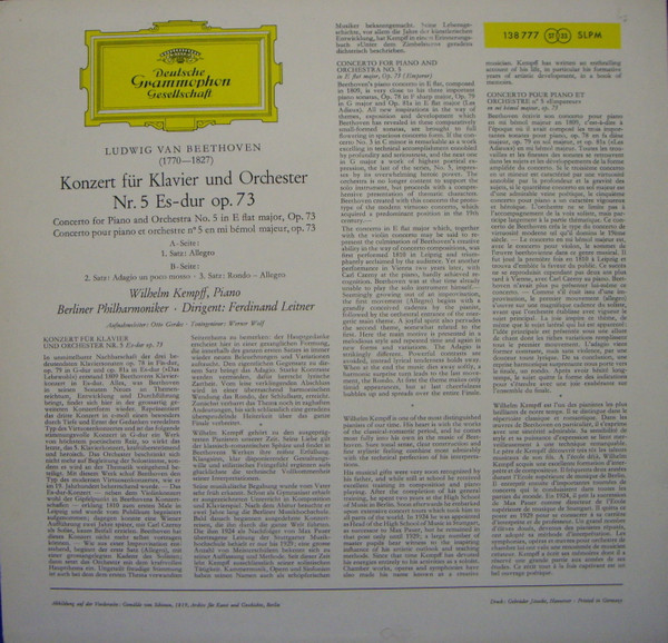 Ludwig van Beethoven , Wilhelm Kempff , Berliner Philharmoniker · Ferdinand Leitner - Klavierkonzert Nr. 5 Es-dur | Deutsche Grammophon (138 777 SLPM) - 2