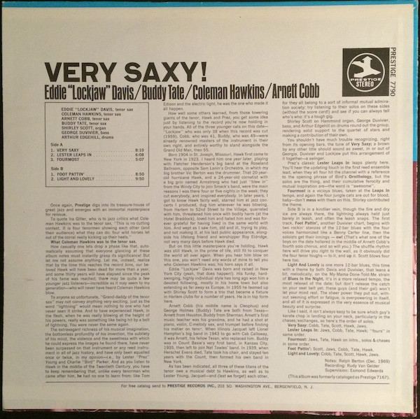 Eddie "Lockjaw" Davis / Buddy Tate / Coleman Hawkins / Arnett Cobb - Very Saxy | Prestige (PR 7790) - 2