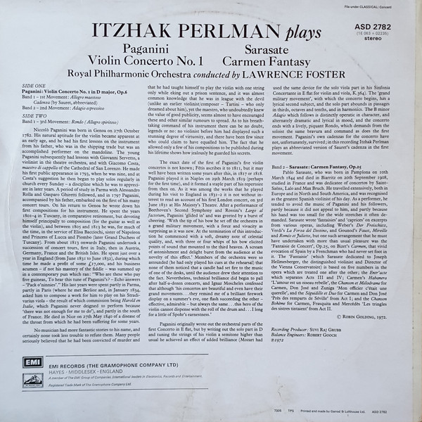 Itzhak Perlman – Niccolò Paganini / Pablo de Sarasate – Royal Philharmonic Orchestra , Lawrence Foster - Violin Concerto No. 1 / Carmen Fantasy | His Master's Voice (ASD 2782) - 2