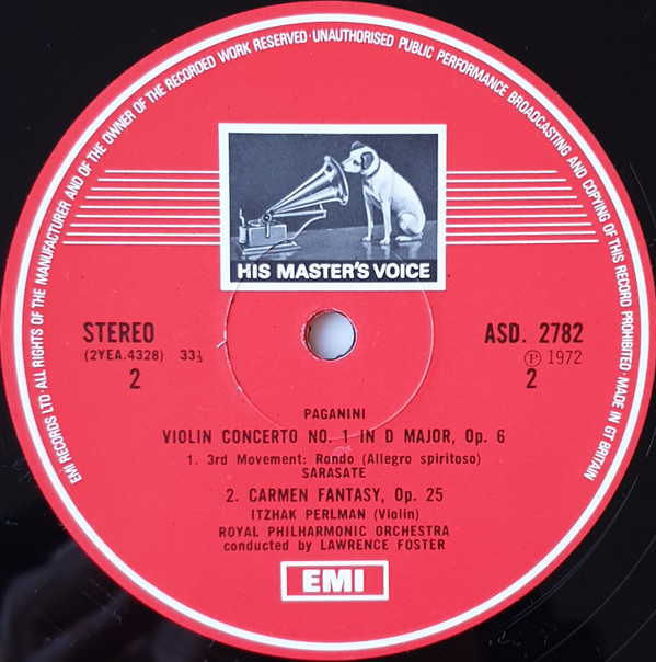 Itzhak Perlman – Niccolò Paganini / Pablo de Sarasate – Royal Philharmonic Orchestra , Lawrence Foster - Violin Concerto No. 1 / Carmen Fantasy | His Master's Voice (ASD 2782) - 4
