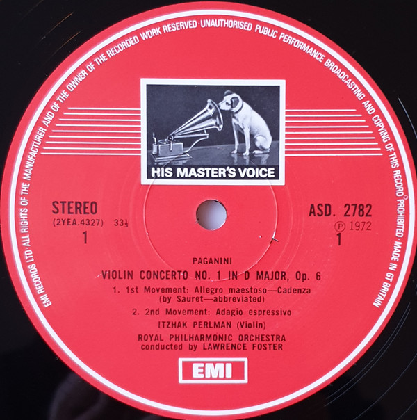 Itzhak Perlman – Niccolò Paganini / Pablo de Sarasate – Royal Philharmonic Orchestra , Lawrence Foster - Violin Concerto No. 1 / Carmen Fantasy | His Master's Voice (ASD 2782) - 3