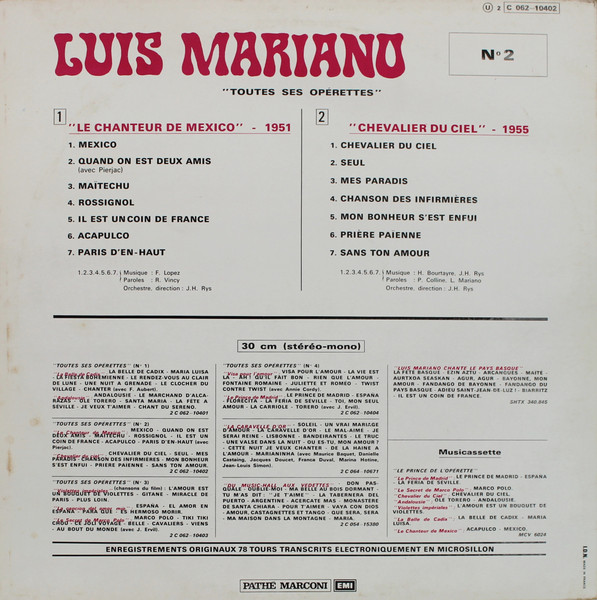 Luis Mariano - Toutes Ses Operettes N°2 | Pathé (2C 062-10402) - 2 Luis Mariano - Toutes Ses Operettes N°2 | Pathé (2C 062-10402) - 2