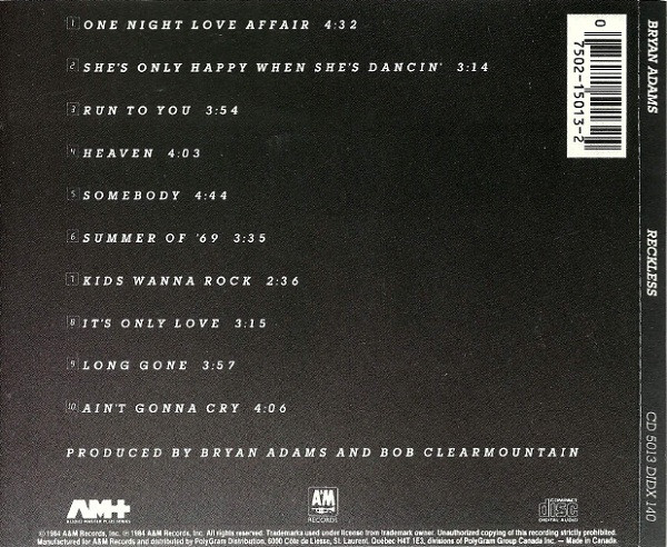Bryan Adams - Reckless | A&M Records (CD 5013) - 3