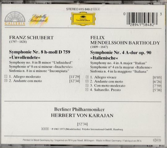 Franz Schubert / Felix Mendelssohn-Bartholdy - Berliner Philharmoniker , Herbert von Karajan - Symphonie Nr. 8 "Unvollendete" / Symphonie Nr 4 "Italienische | Deutsche Grammophon (415 848-2) - 2 Franz Schubert / Felix Mendelssohn-Bartholdy - Berliner Philharmoniker , Herbert von Karajan - Symphonie Nr. 8 "Unvollendete" / Symphonie Nr 4 "Italienische | Deutsche Grammophon (415 848-2) - 2