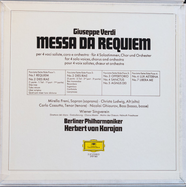 Giuseppe Verdi , Herbert Von Karajan , Berliner Philharmoniker , Mirella Freni , Christa Ludwig , Carlo Cossutta , Nicolai Ghiaurov , Wiener Singverein - Messa Da Requiem | Deutsche Grammophon (2707 065) - main Giuseppe Verdi , Herbert Von Karajan , Berliner Philharmoniker , Mirella Freni , Christa Ludwig , Carlo Cossutta , Nicolai Ghiaurov , Wiener Singverein - Messa Da Requiem | Deutsche Grammophon (2707 065) - main