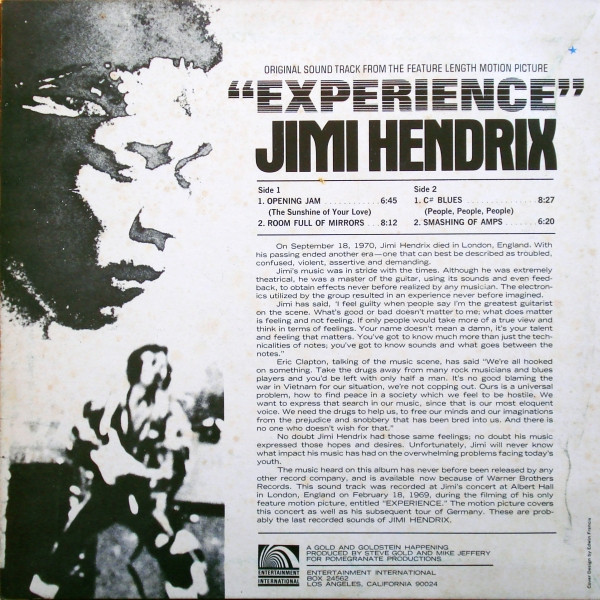 Jimi Hendrix - Original Sound Track From The Feature Length Motion Picture "Experience" | Entertainment International (SLDEI 782) - 3 Jimi Hendrix - Original Sound Track From The Feature Length Motion Picture "Experience" | Entertainment International (SLDEI 782) - 3