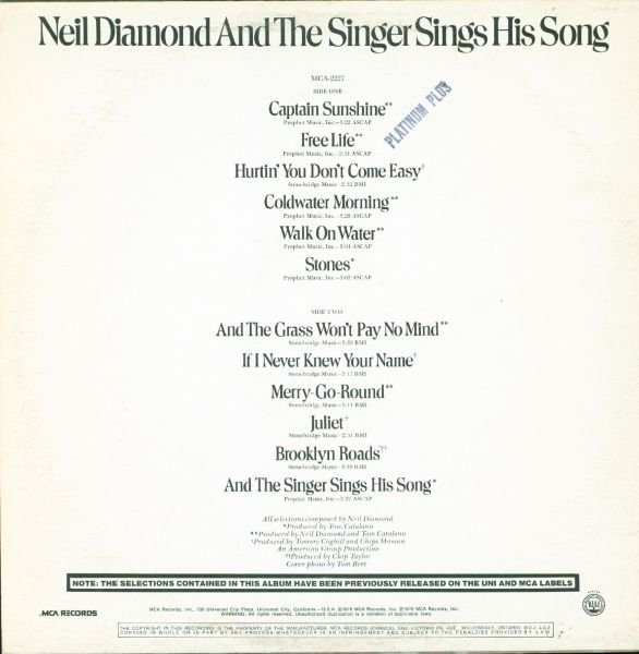 Neil Diamond - And The Singer Sings His Song | MCA Records (MCA 2227) - 2 Neil Diamond - And The Singer Sings His Song | MCA Records (MCA 2227) - 2