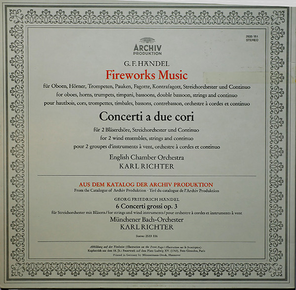Georg Friedrich Händel - English Chamber Orchestra • Karl Richter - Fireworks Music • Concerti A Due Cori | Archiv Produktion (2533 151) - 2