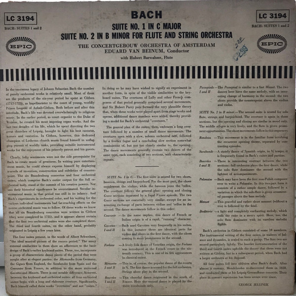 Johann Sebastian Bach ; Concertgebouworkest , Eduard van Beinum - Suite No. 1 in C Major / Suite No. 2 in B Minor for Flute & String Orchestra | Epic (LC 3194) - 2