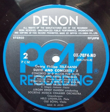 Georg Philipp Telemann , Jørgen Ernst Hansen , Societas Musica Chamber Orchestra - Suite And Concerti • 2 | Denon (OX-7074-ND) - 4