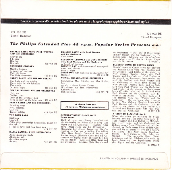 Lionel Hampton And His Orchestra - Live Recording From Apollo Hall Concert 1954 | Philips (421 002 BE) - 2