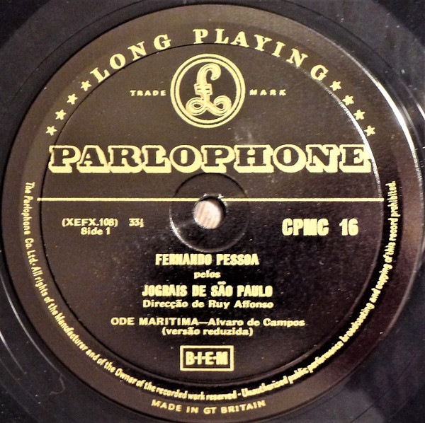 Fernando Pessoa , Jograis De São Paulo - Fernando Pessoa pelos Jograis De São Paulo | Parlophone (CPMC 16) - 2