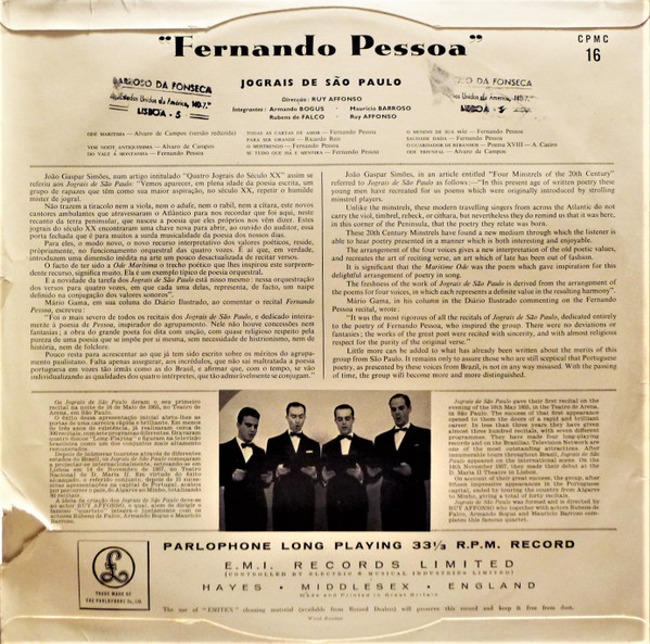 Fernando Pessoa , Jograis De São Paulo - Fernando Pessoa pelos Jograis De São Paulo | Parlophone (CPMC 16) - main