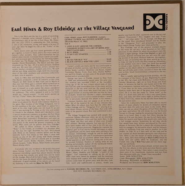 Earl Hines & Roy Eldridge - At The Village Vanguard | Xanadu Records (Xanadu 106) - 2