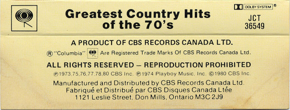 Various - Greatest Country Hits Of The 70's | Columbia (JCT 36549) - 2
