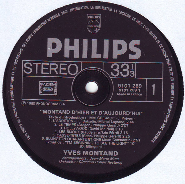 Yves Montand - Montand D'hier Et D'aujourd'hui | Philips (9101 289) - 3