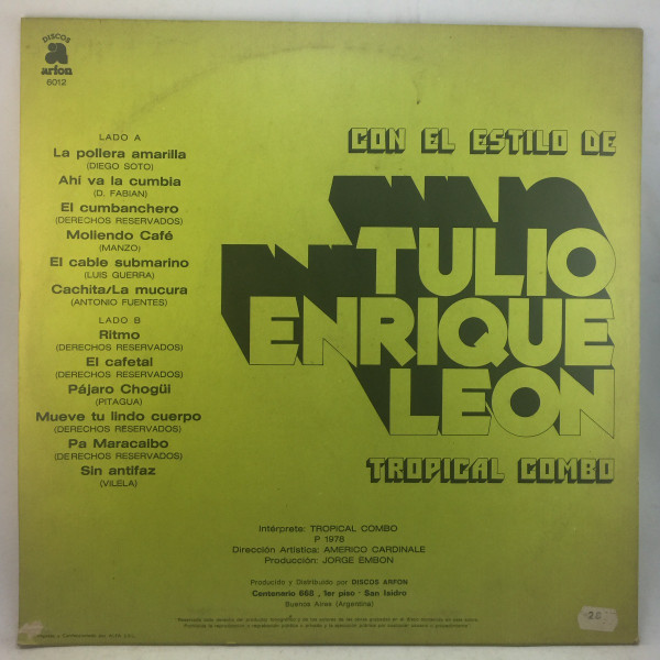 The Tropical Combo - Con El Estilo De Tulio Enrique Leon | Discos Arfon (LP 6012) - 2 The Tropical Combo - Con El Estilo De Tulio Enrique Leon | Discos Arfon (LP 6012) - 2
