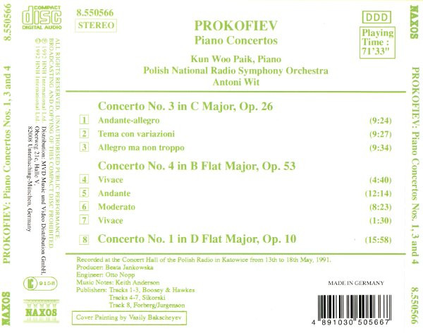 Sergei Prokofiev – Kun Woo Paik , Polish National Radio Symphony Orchestra , Antoni Wit - Piano Concertos No. 1, Op. 10 · No. 3, Op. 26 · No. 4, Op. 53 | Naxos (8.550566) - 2