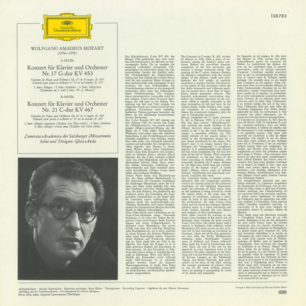 Wolfgang Amadeus Mozart , Camerata Academica Salzburg , Géza Anda - Klavierkonzerte · Piano Concertos - G-dur / In G Major / KV 453 · C-dur / In C Major / KV 467 | Deutsche Grammophon (138 783) - 2