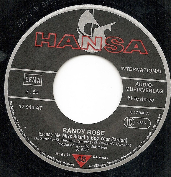Randolph Rose - Excuse Me Miss Bikini (I Beg Your Pardon) | Hansa (17 940) - 3