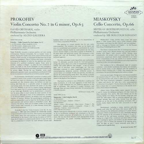 Sergei Prokofiev , Nikolai Myaskovsky / David Oistrach , Mstislav Rostropovich , Philharmonia Orchestra , Sir Malcolm Sargent , Alceo Galliera - Violin Concerto No. 2 In G Minor /  Cello Concerto In C Minor | Seraphim (S-60223) - 2