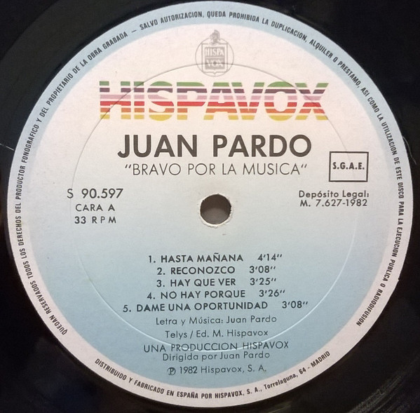 Juan Pardo - Bravo Por La Musica! | Hispavox (S 90.597) - 2