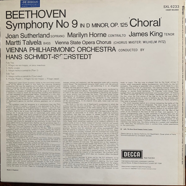 Ludwig van Beethoven , Joan Sutherland , Marilyn Horne , James King , Martti Talvela , Wiener Staatsopernchor , Hans Schmidt-Isserstedt , Wiener Philharmoniker - Symphony No 9 'Choral' | Decca (SXL 6233) - 2