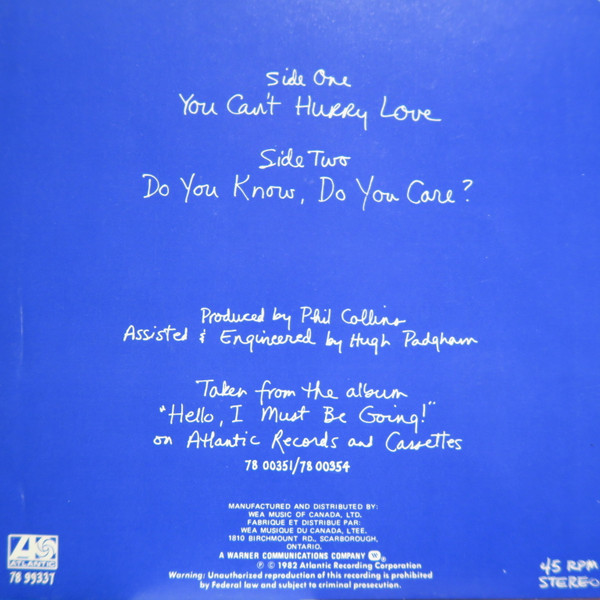 Phil Collins - You Can't Hurry Love (7") [Vinyl] | Atlantic (78 99337) - 2