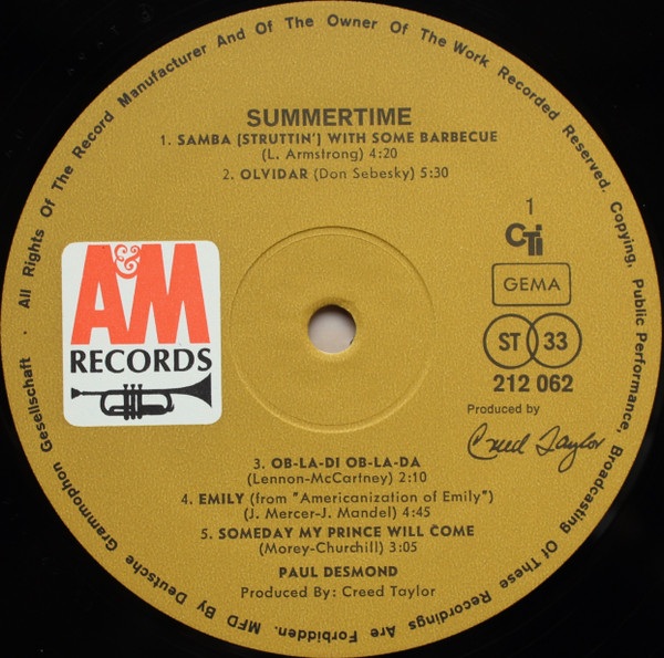 Paul Desmond - Summertime | A&M Records (212 062) - 3