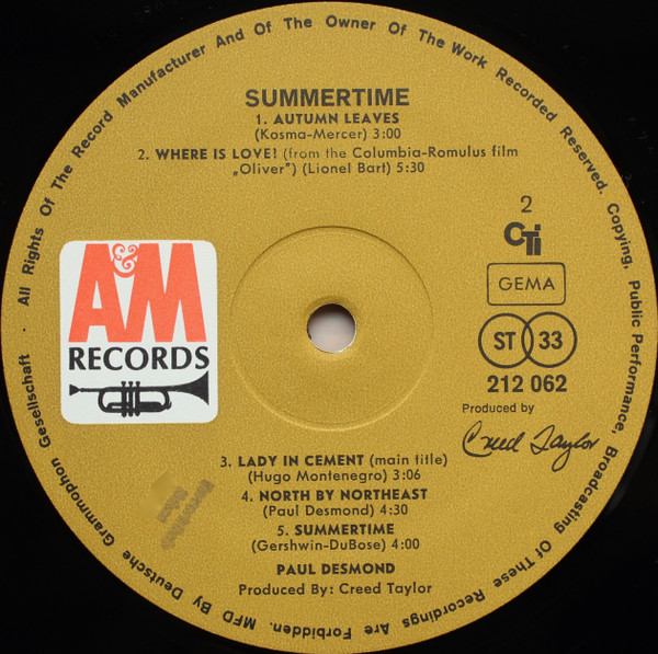 Paul Desmond - Summertime | A&M Records (212 062) - 4