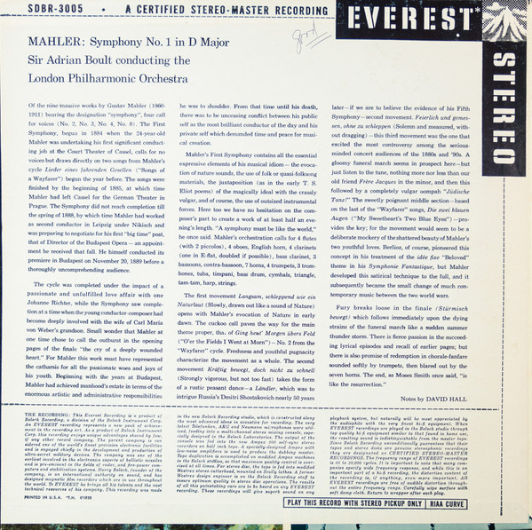 Gustav Mahler - Sir Adrian Boult Conducting The London Philharmonic Orchestra - Symphony No. 1 In D Major | Everest (3005) - 2