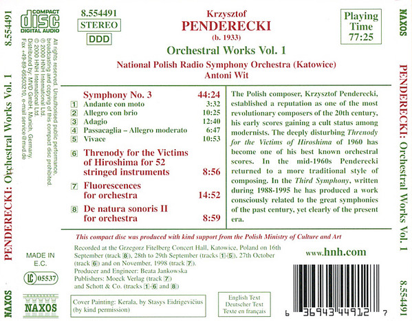 Krzysztof Penderecki - Wielka Orkiestra Symfoniczna Polskiego Radia W Katowicach , Antoni Wit - Orchestral Works Vol. 1 (Symphony No. 3 • Threnody) | Naxos (8.554491) - 2
