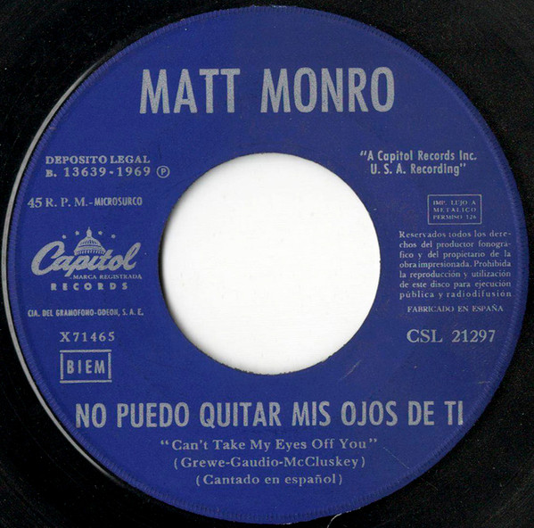 Matt Monro - No Puedo Quitar Mis Ojos De Ti / Nacida Libre | Capitol Records (CSL 21297) - 3