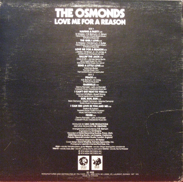 The Osmonds - Love Me For A Reason [Vinyl] | MGM Records (SE 4939) - 2