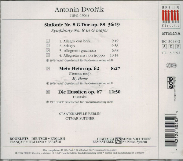 Antonín Dvořák - Staatskapelle Berlin , Otmar Suitner - Symphony No. 8 / Overtures Op. 62 & 67 | Berlin Classics (BC 3048-2) - 2