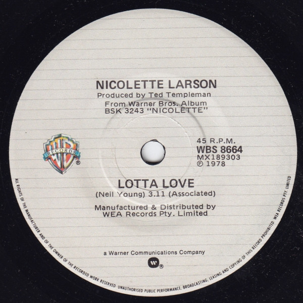 Nicolette Larson - Lotta Love | Warner Bros. Records (WBS 8664)