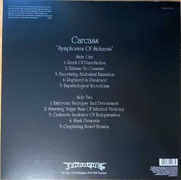 Carcass - Symphonies Of Sickness | Earache (MOSH018FDR) - 2
