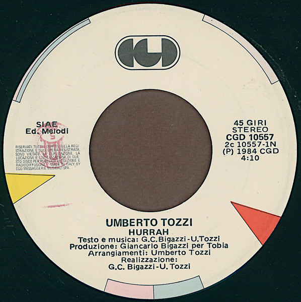 Umberto Tozzi - Hurrah! | CGD (CGD 10557) - 3