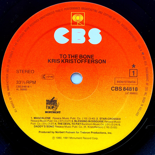 Kris Kristofferson - To The Bone | CBS (CBS 84818) - 4