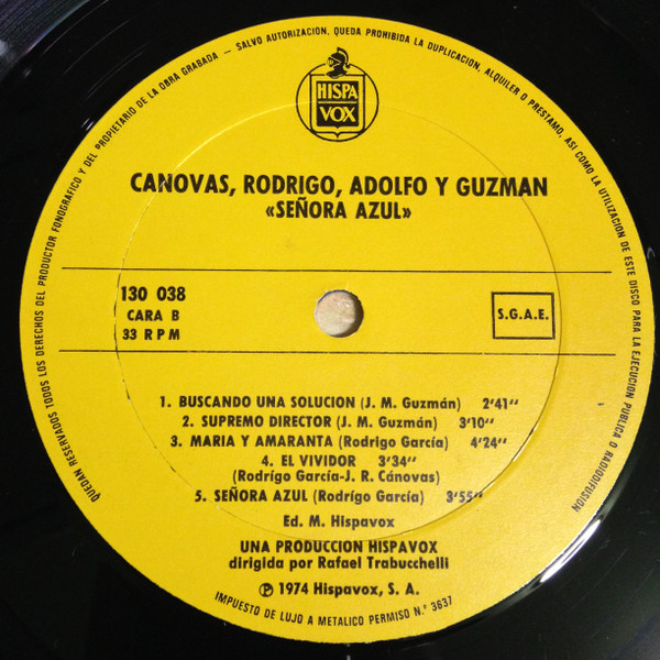 Cánovas, Rodrigo, Adolfo Y Guzmán - Señora Azul | Hispavox (130 038) - 4