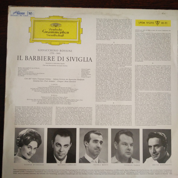 Gioacchino Rossini / Gianna D'Angelo , Nicola Monti , Renato Capecchi , Giorgio Tadeo , Coro Dell' Opera Nazionale Italiana , Symphonie-Orchester Des Bayerischen Rundfunks , Dirigent: Bruno Bartoletti - Il Barbiere Di Siviglia | Deutsche Grammophon (136 270) - 2