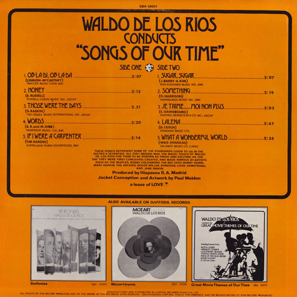 Waldo De Los Rios - Waldo De Los Rios Conducts "Songs Of Our Time" | Daffodil Records (SBA 16021) - 2