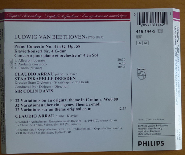 Ludwig van Beethoven , Claudio Arrau , Sir Colin Davis , Staatskapelle Dresden - Piano Concerto No. 4, 32 Variations On An Original Theme WoO 80 | Philips Digital Classics (416 144-2) - 2