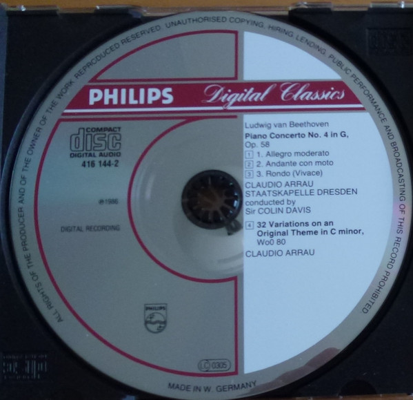 Ludwig van Beethoven , Claudio Arrau , Sir Colin Davis , Staatskapelle Dresden - Piano Concerto No. 4, 32 Variations On An Original Theme WoO 80 | Philips Digital Classics (416 144-2) - 3