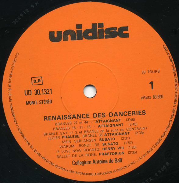 Collegium Antoine De Baïf - Renaissance Des Danceries - Branles Pour Danser | Unidisc (UD 30 1 321) - 2 Collegium Antoine De Baïf - Renaissance Des Danceries - Branles Pour Danser | Unidisc (UD 30 1 321) - 2