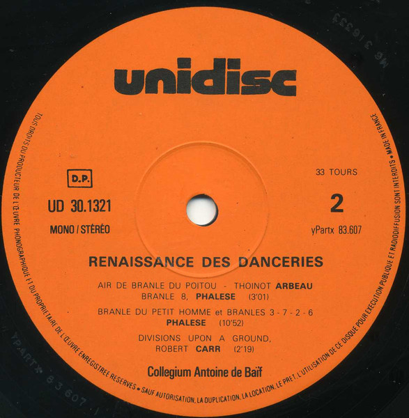 Collegium Antoine De Baïf - Renaissance Des Danceries - Branles Pour Danser | Unidisc (UD 30 1 321) - 3 Collegium Antoine De Baïf - Renaissance Des Danceries - Branles Pour Danser | Unidisc (UD 30 1 321) - 3