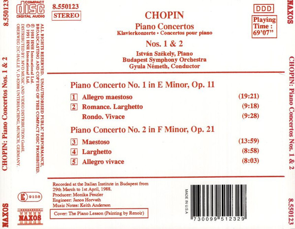 Frédéric Chopin - Istvan Szekely , Budapest Symphony Orchestra , Gyula Németh - Piano Concertos Nos. 1 & 2 | Naxos (8.550123) - 2