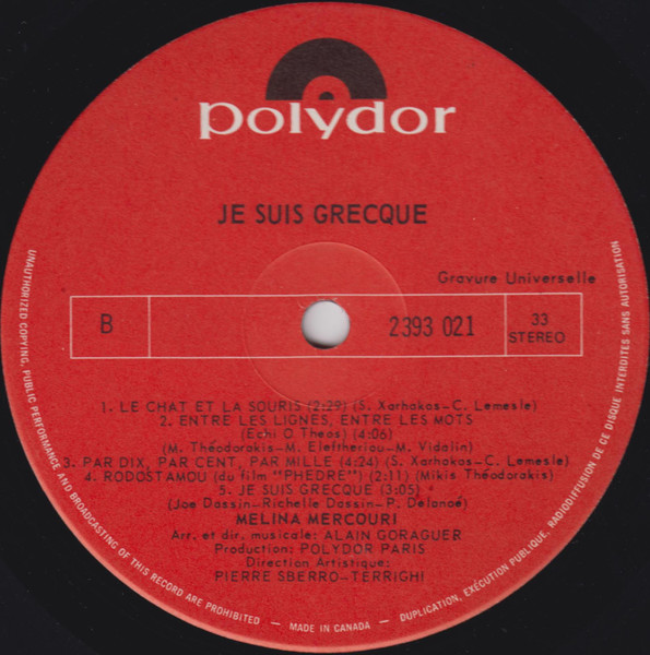 Melina Mercouri - Je Suis Grecque | Polydor (2393 021) - 4